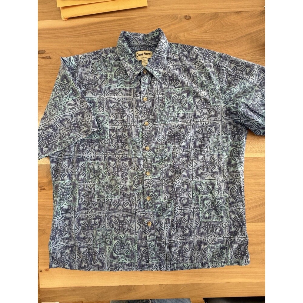 Vintage Cooke Street Hawaiian Shirt Men’s XL Blue Tapa Tribal Print Cotton